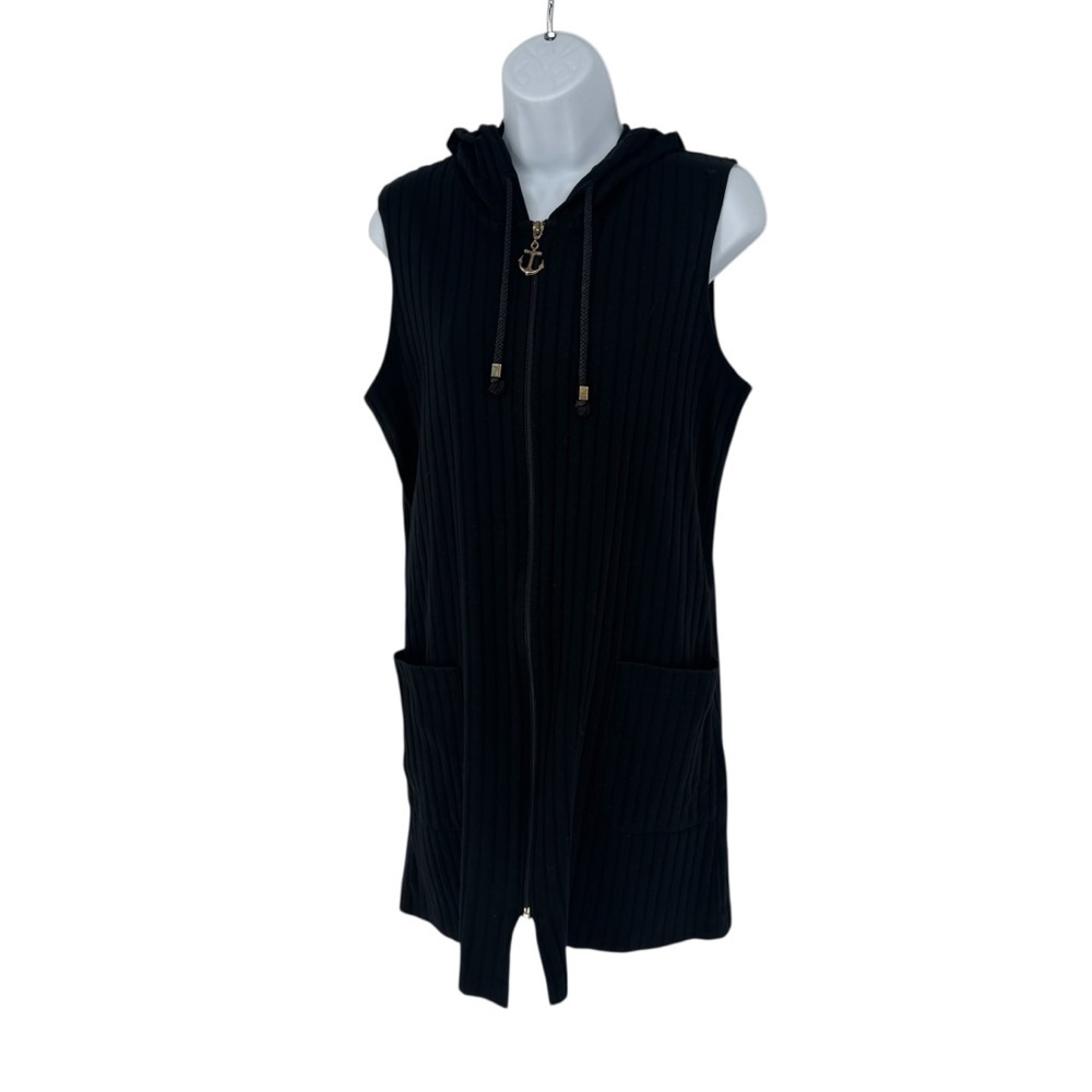 Dotti Black Beach Swim Ribbed Full Zip Up Hooded Gold Anchor Cover Up Large